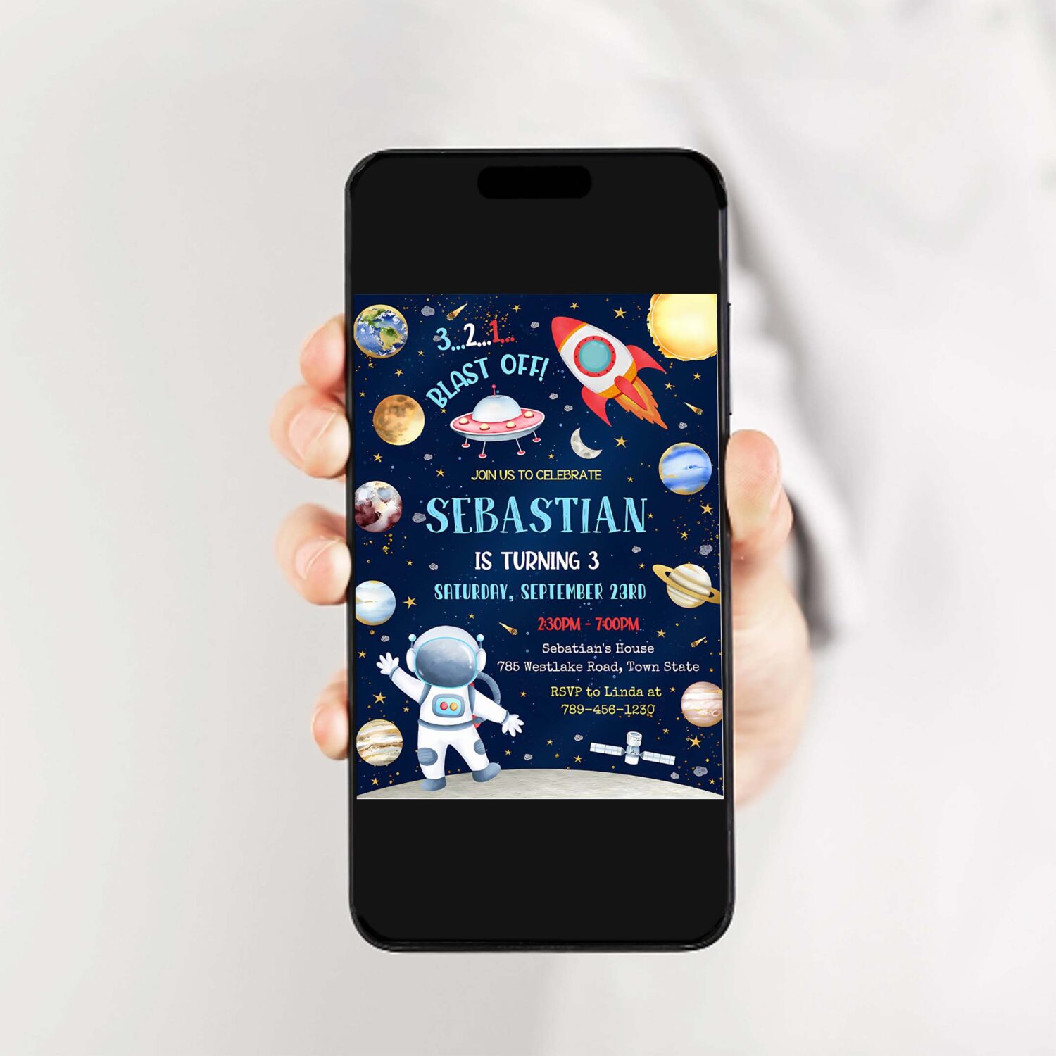 Outer space birthday invitation planets rocket ship astronaut invite galaxy blast off invitation 2
