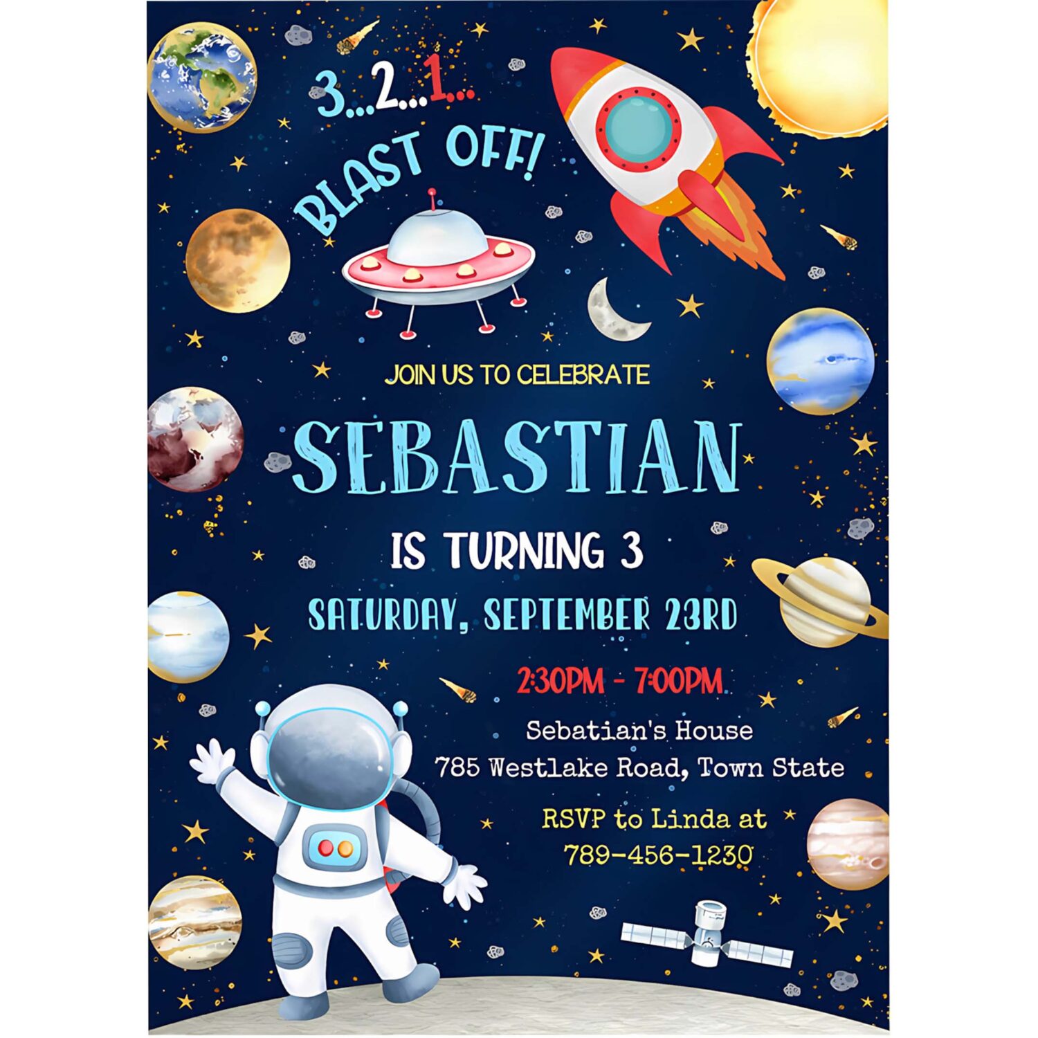 Outer space birthday invitation planets rocket ship astronaut invite galaxy blast off invitation 4