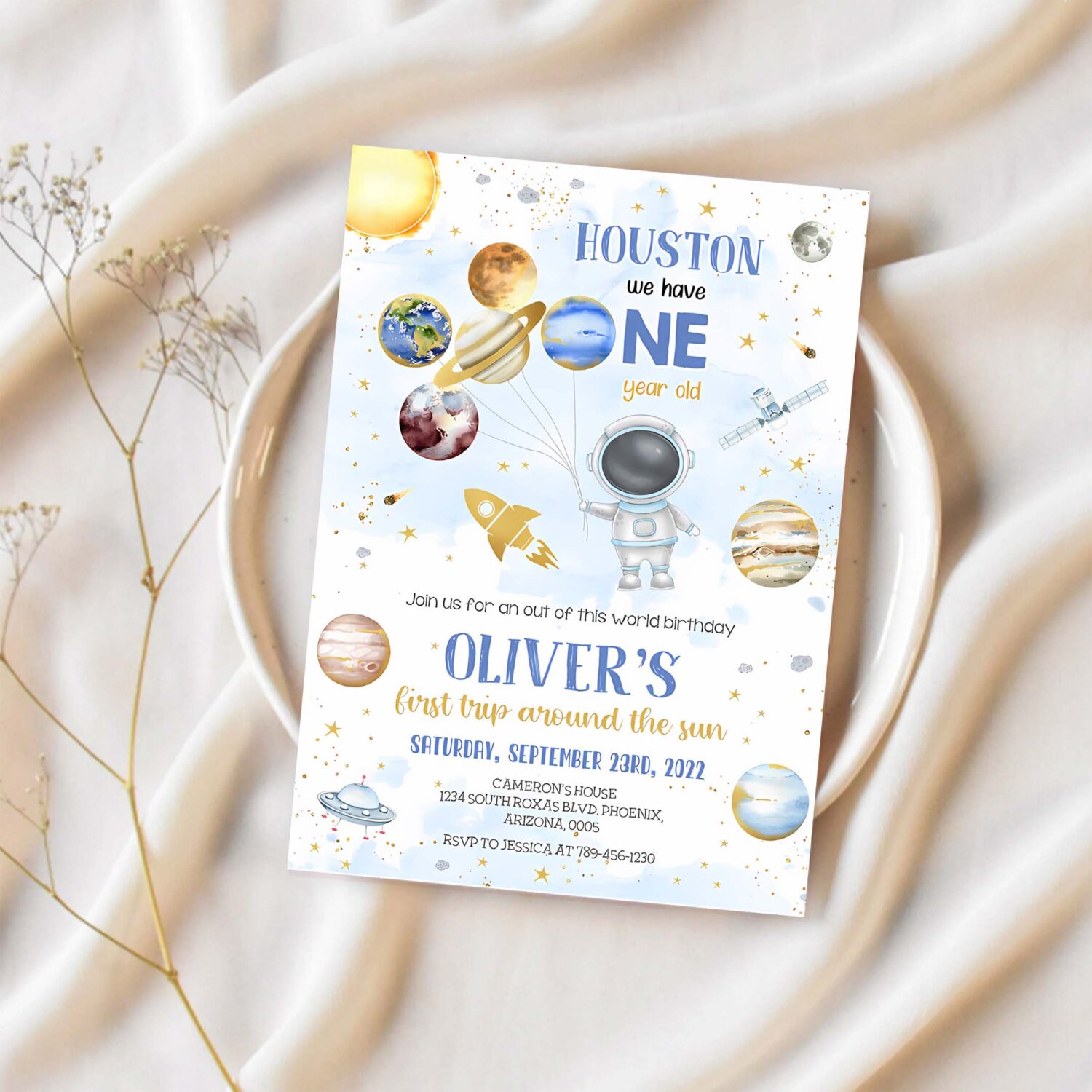Outer space birthday invitation template planet rocket ship astronaut invite first trip around the sun invitation space galaxy invitation 1