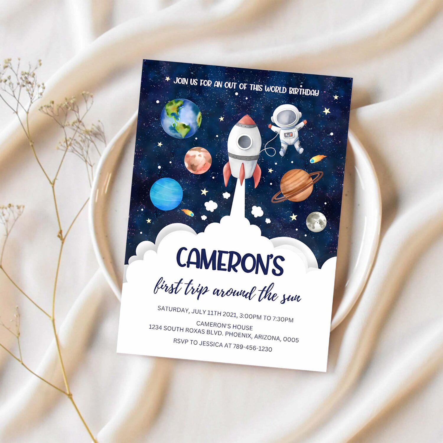 Outer space birthday invitation template planets rocket ship astronaut invite 1