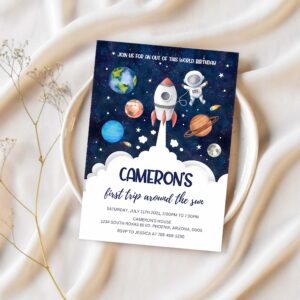 Outer space birthday invitation template planets rocket ship astronaut invite 1