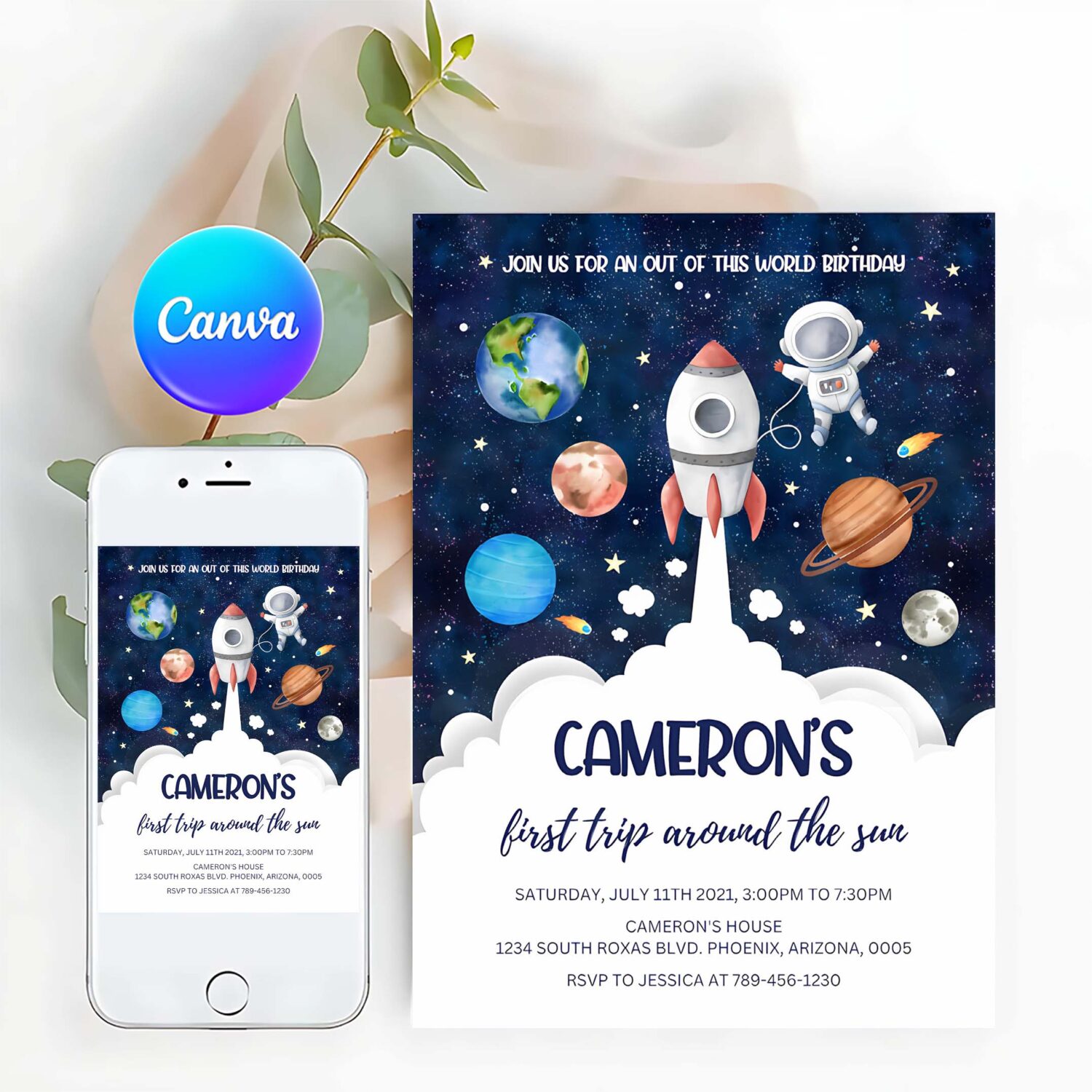 Outer space birthday invitation template planets rocket ship astronaut invite