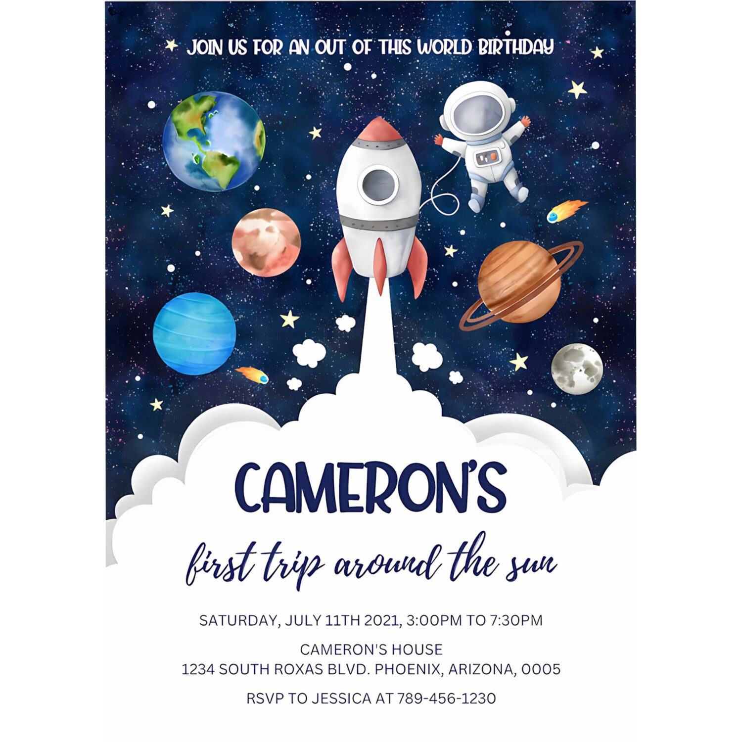Outer space birthday invitation template planets rocket ship astronaut invite 4