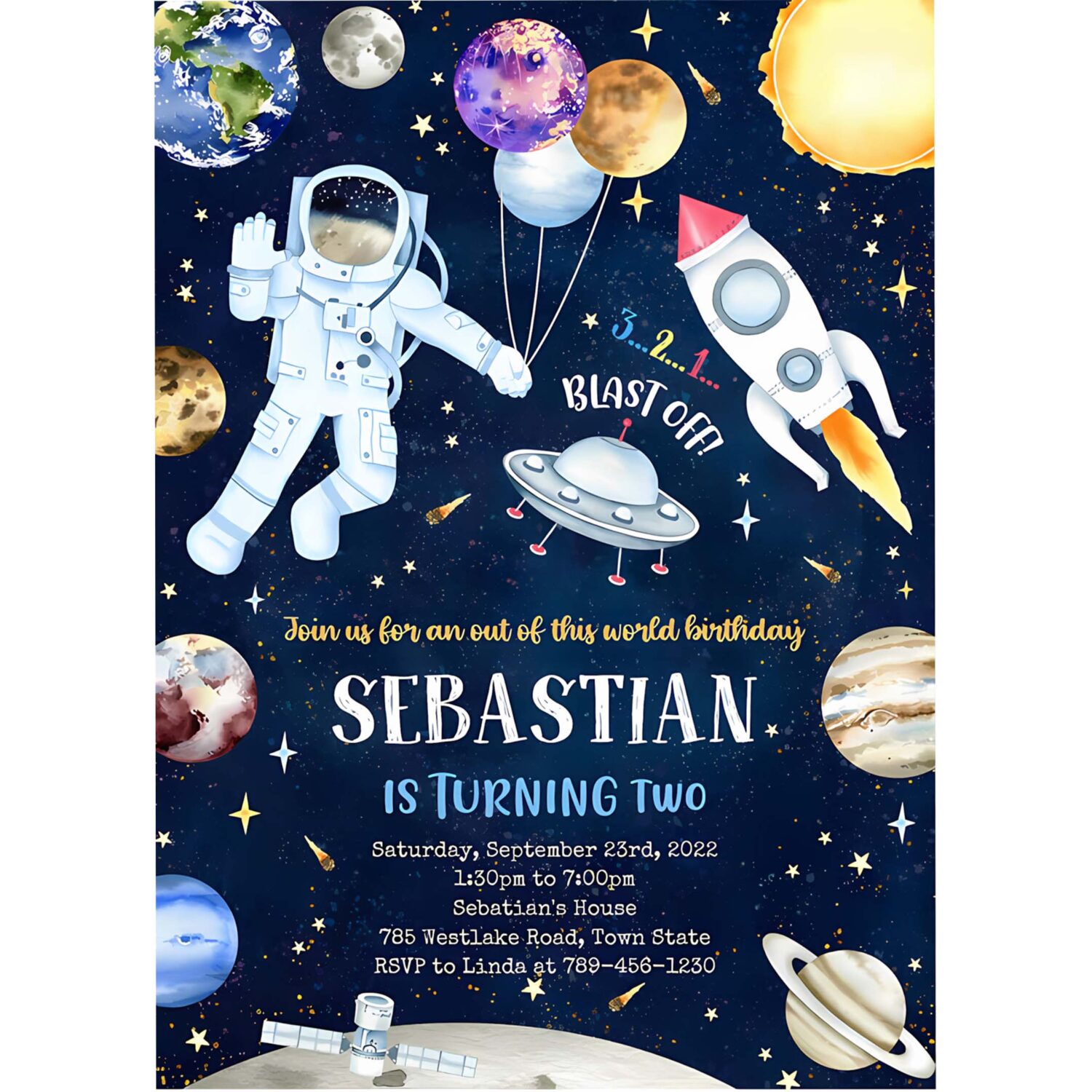 Outer space birthday invitation template planets rocket ship astronaut invite galaxy blast off invitation 4