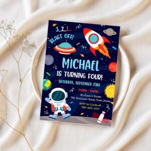 Outer space birthday invitation template planets rocket ship astronaut invite galaxy blast off invitation editable invitation 1