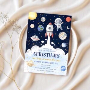 Outer space birthday invitation template planets rocket ship astronaut invite galaxy blast off party kids invitation 1