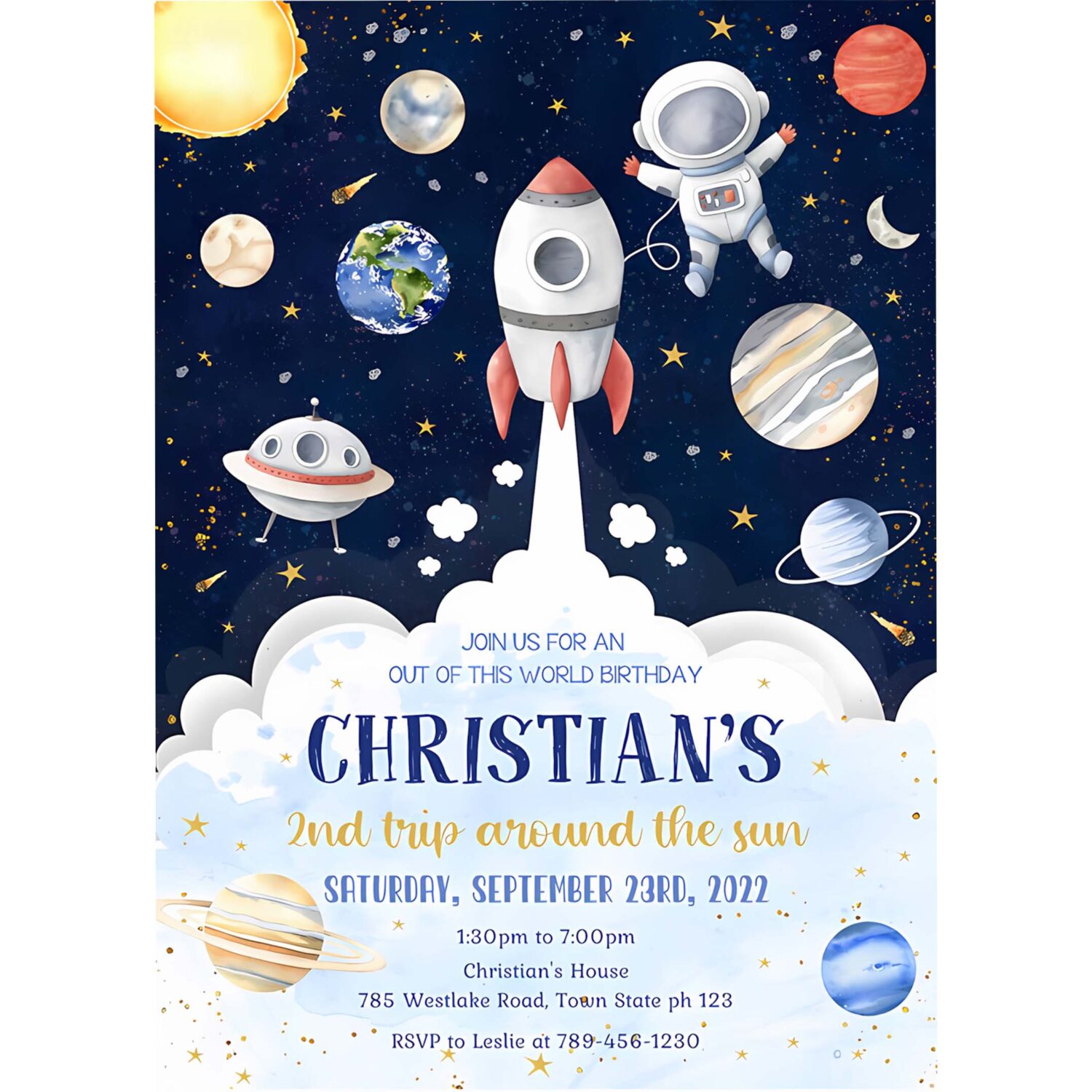 Outer space birthday invitation template planets rocket ship astronaut invite galaxy blast off party kids invitation 4