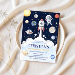 Outer space birthday invite planets rocket ship astronaut invite galaxy blast off invitation 1