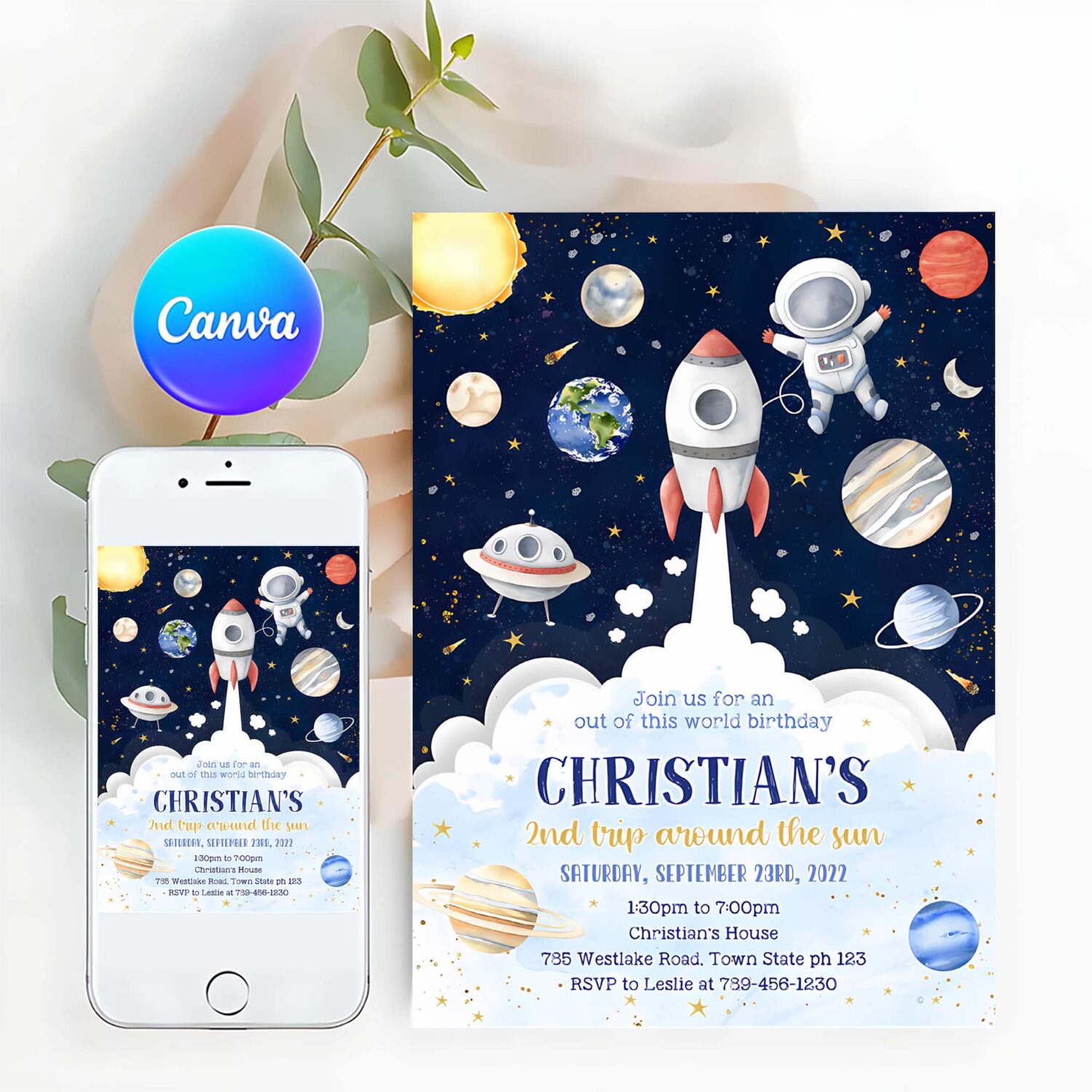 Outer space birthday invite planets rocket ship astronaut invite galaxy blast off invitation