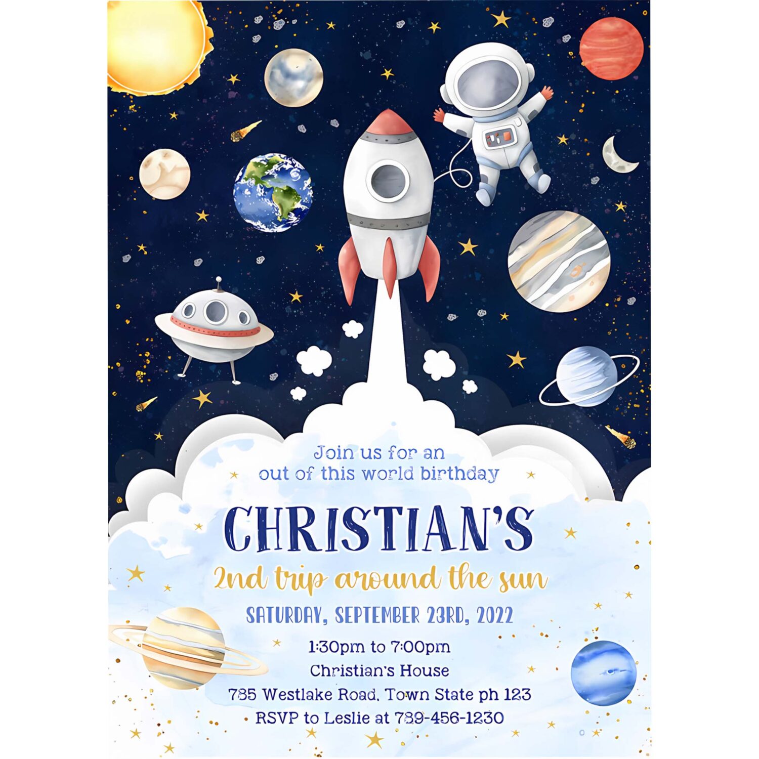 Outer space birthday invite planets rocket ship astronaut invite galaxy blast off invitation 4