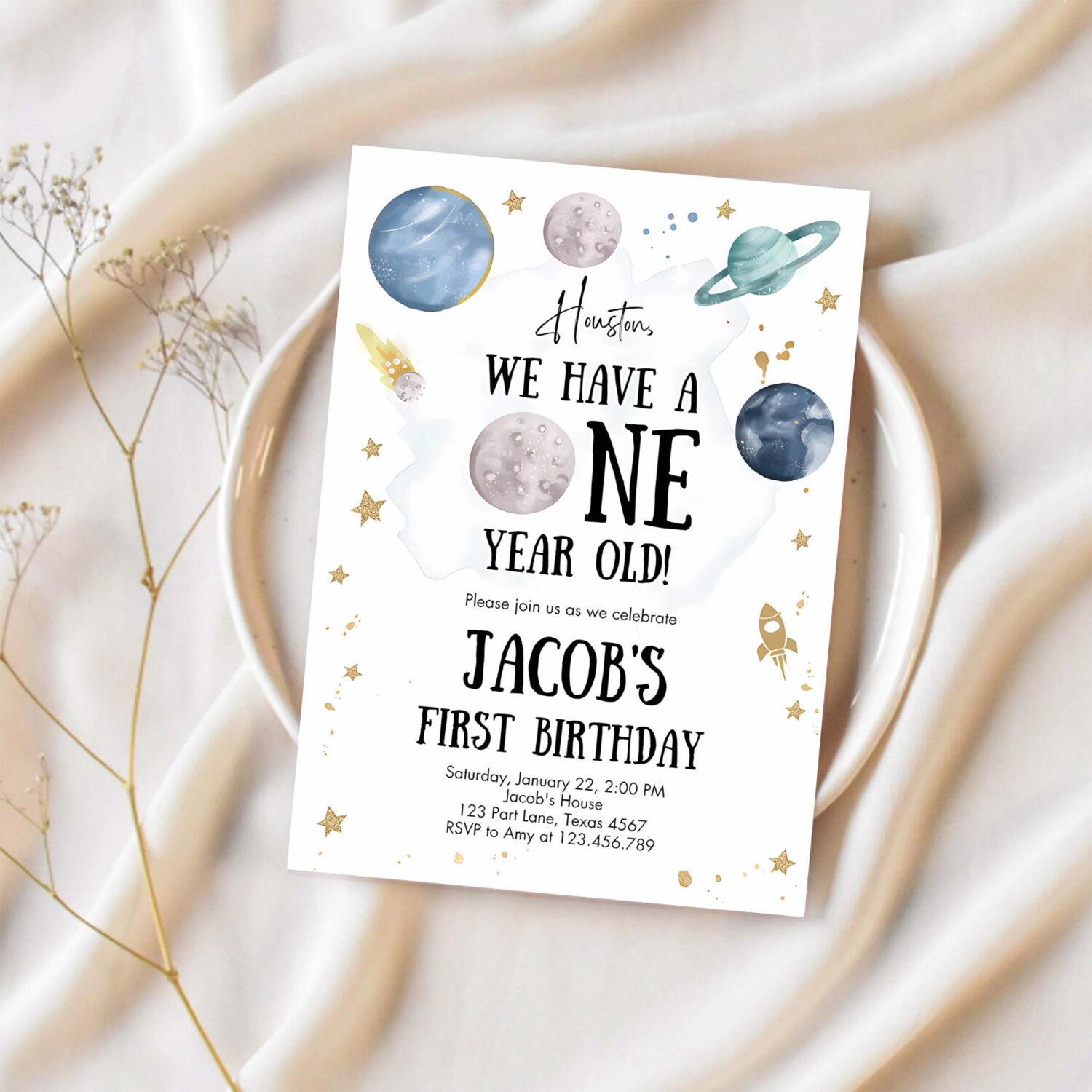 Outer space first birthday invitation galaxy houston trip around the sun one silver 1