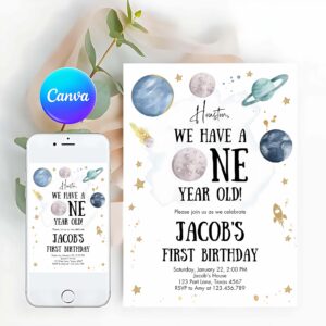 Outer Space Invitation, Outer Space First Birthday Invitation, Galaxy Houston Trip Around the Sun One Silver