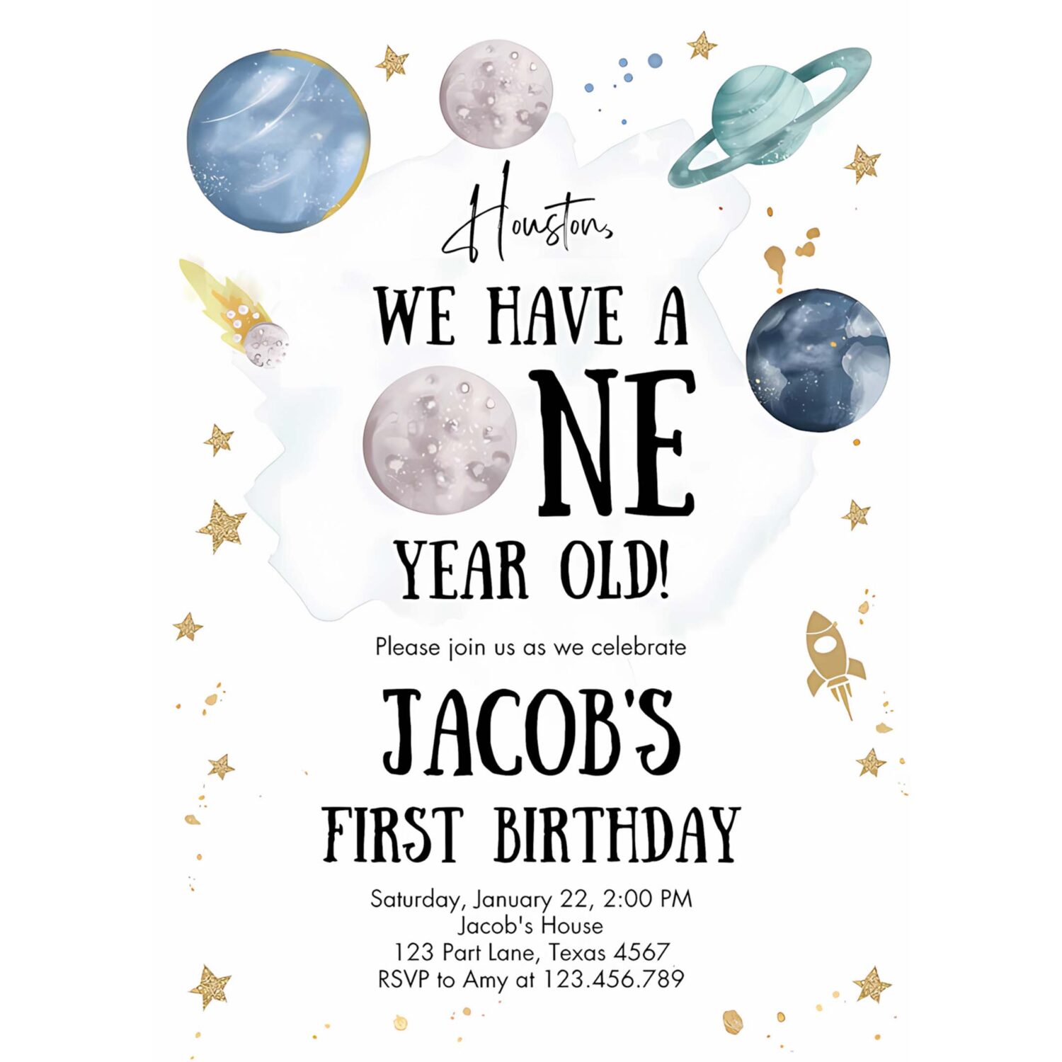 Outer space first birthday invitation galaxy houston trip around the sun one silver 4