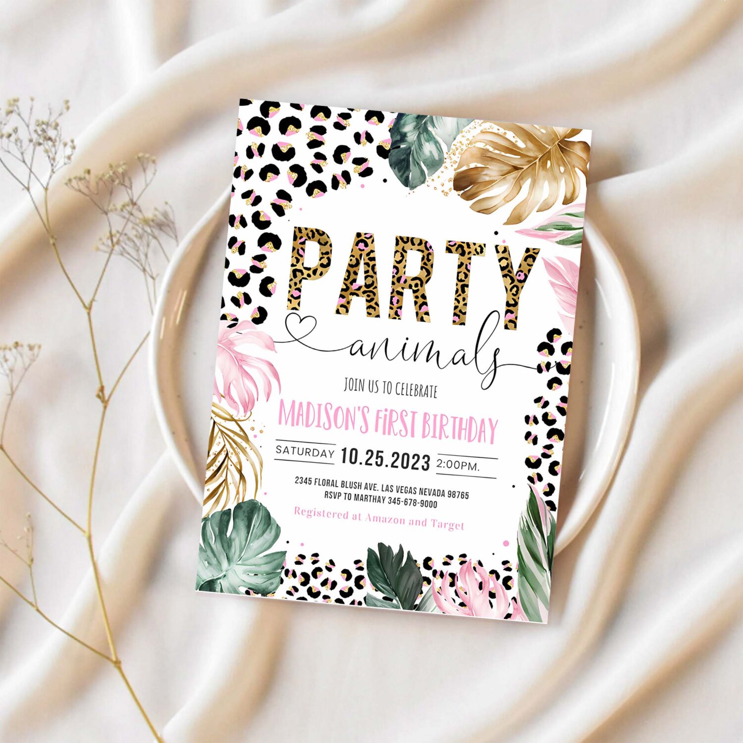 Party animals birthday invitation leopard print jungle birthday party leopard print wild one two wild 1