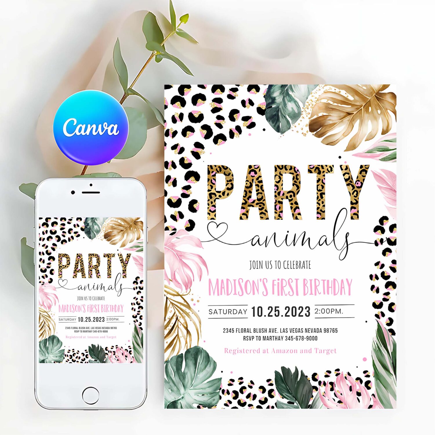 Party animals birthday invitation leopard print jungle birthday party leopard print wild one two wild