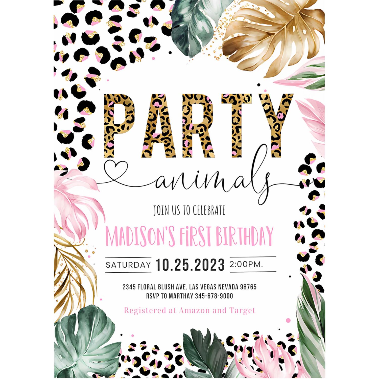 Party animals birthday invitation leopard print jungle birthday party leopard print wild one two wild 4