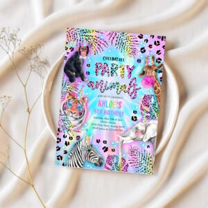 Party animals birthday invitation neon tye dye rainbow cheetah print leopard print safari animals birthday party 1