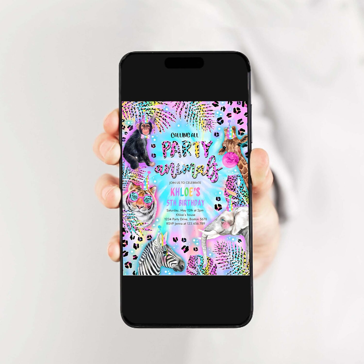 Party animals birthday invitation neon tye dye rainbow cheetah print leopard print safari animals birthday party 2