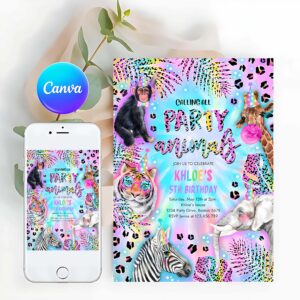 Neon Invitation, Party Animals Birthday Invitation, Neon Tye Dye Rainbow Cheetah Print Leopard Print Safari Animals Birthday Party