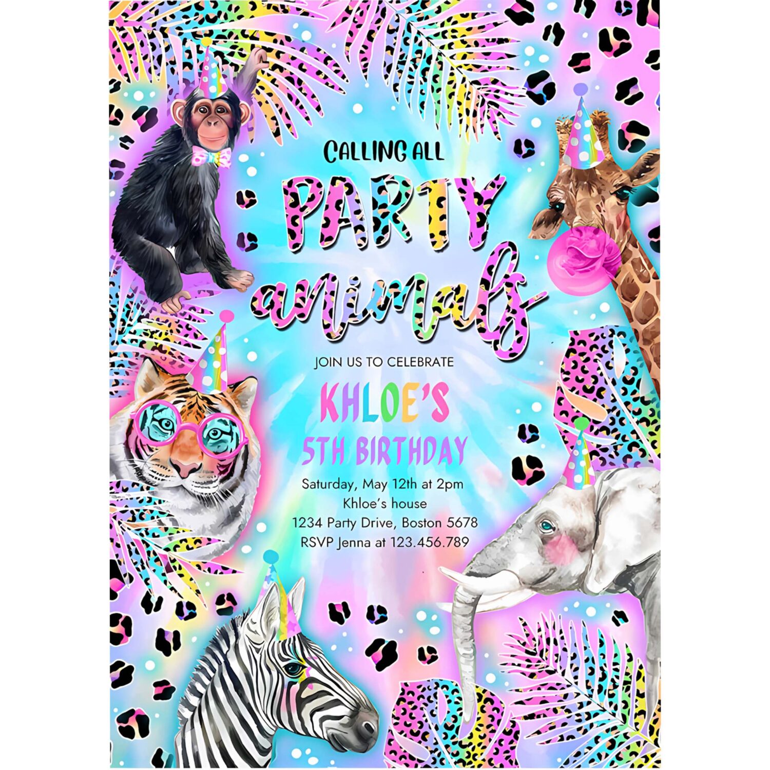 Party animals birthday invitation neon tye dye rainbow cheetah print leopard print safari animals birthday party 4