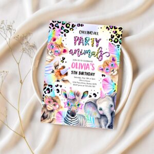 Party animals birthday invitation pastel rainbow cheetah print leopard print wild safari animals birthday party 1