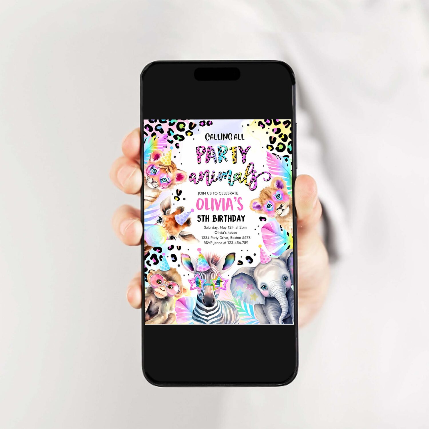 Party animals birthday invitation pastel rainbow cheetah print leopard print wild safari animals birthday party 2