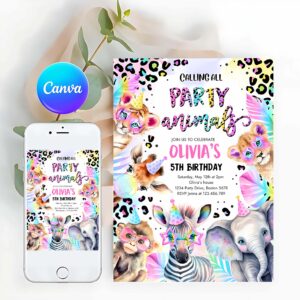 Rainbow Invitation, Party Animals Birthday Invitation, Pastel Rainbow Cheetah Print Leopard Print Wild Safari Animals Birthday Party