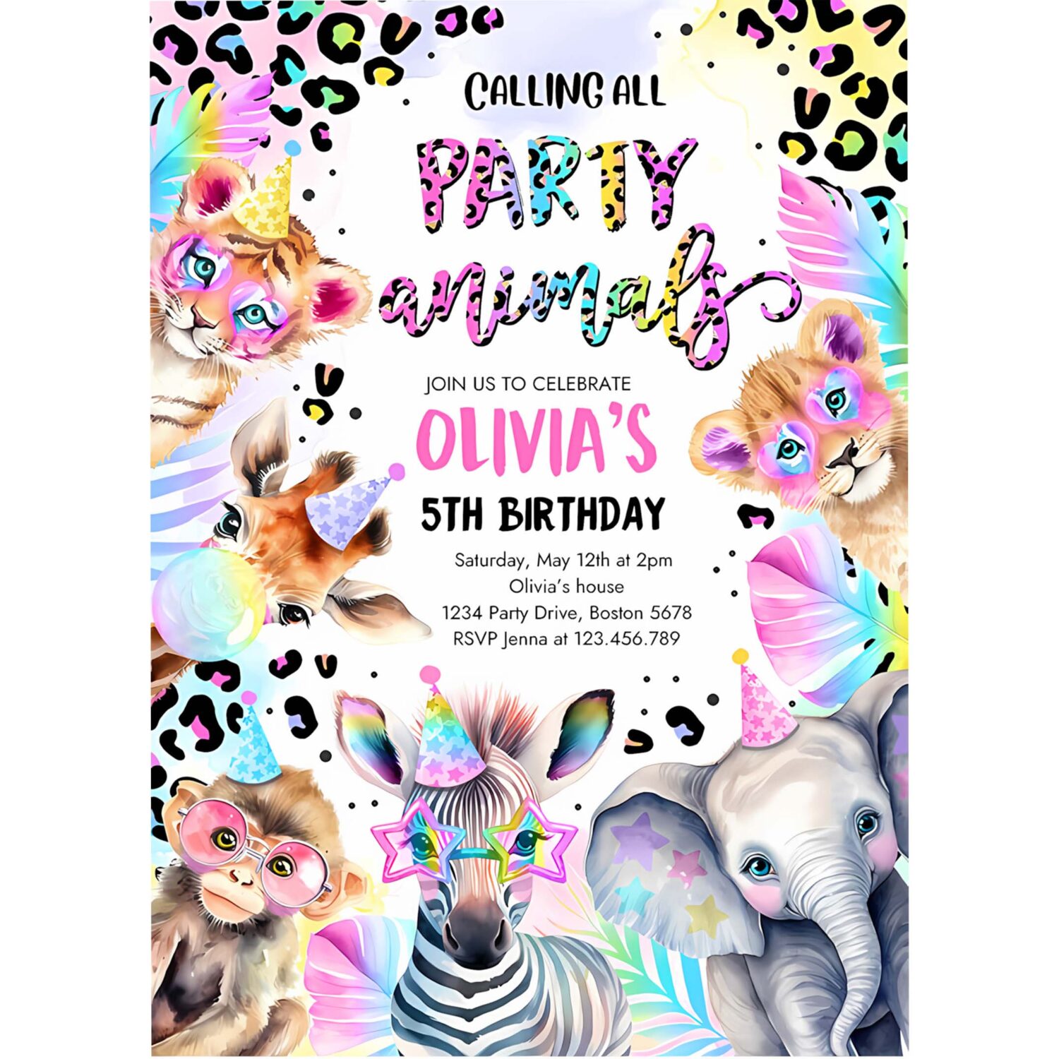 Party animals birthday invitation pastel rainbow cheetah print leopard print wild safari animals birthday party 4