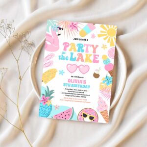 Party at the lake summer bbq birthday party invitation b60q 1