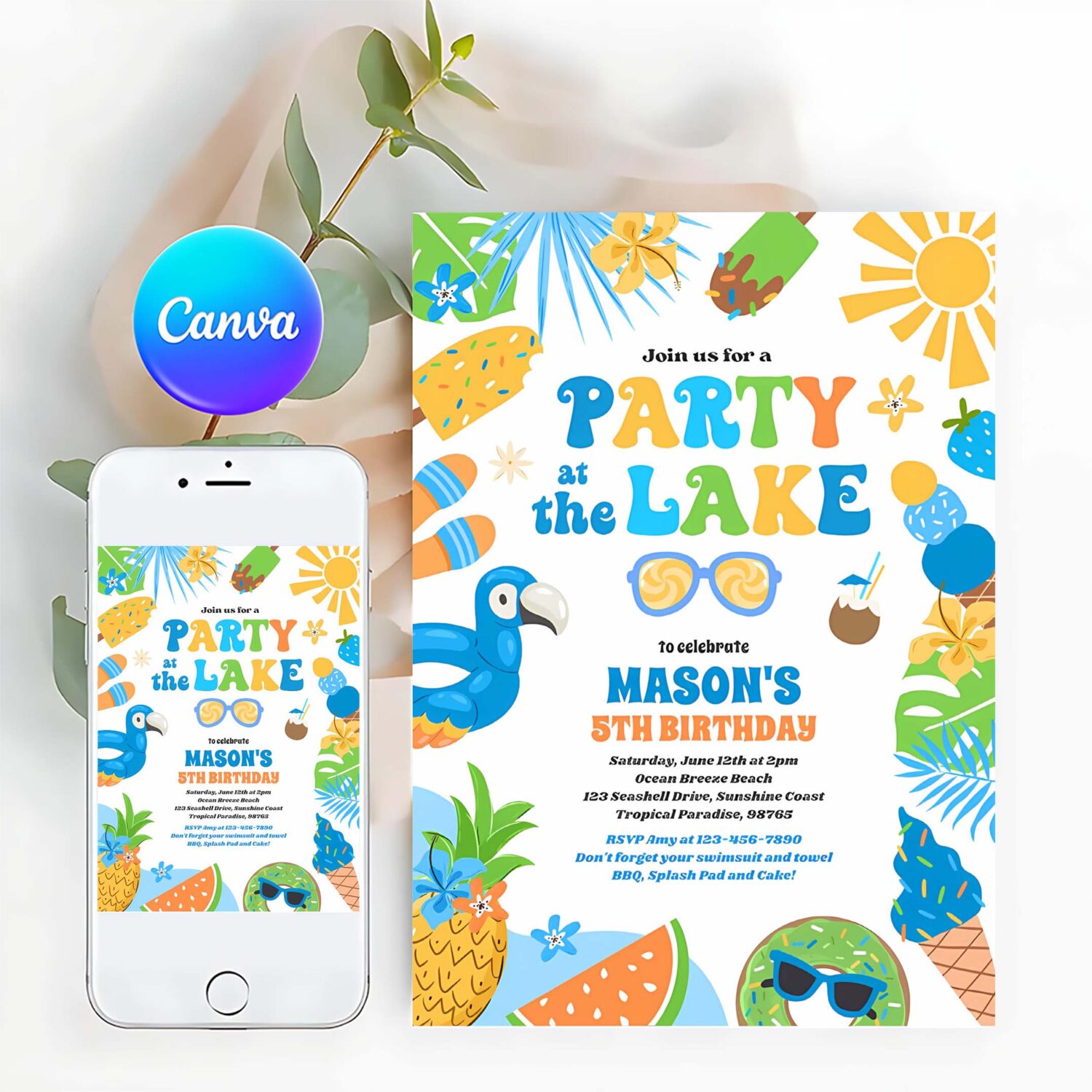 Party at the lake summer bbq birthday party invitation e74p