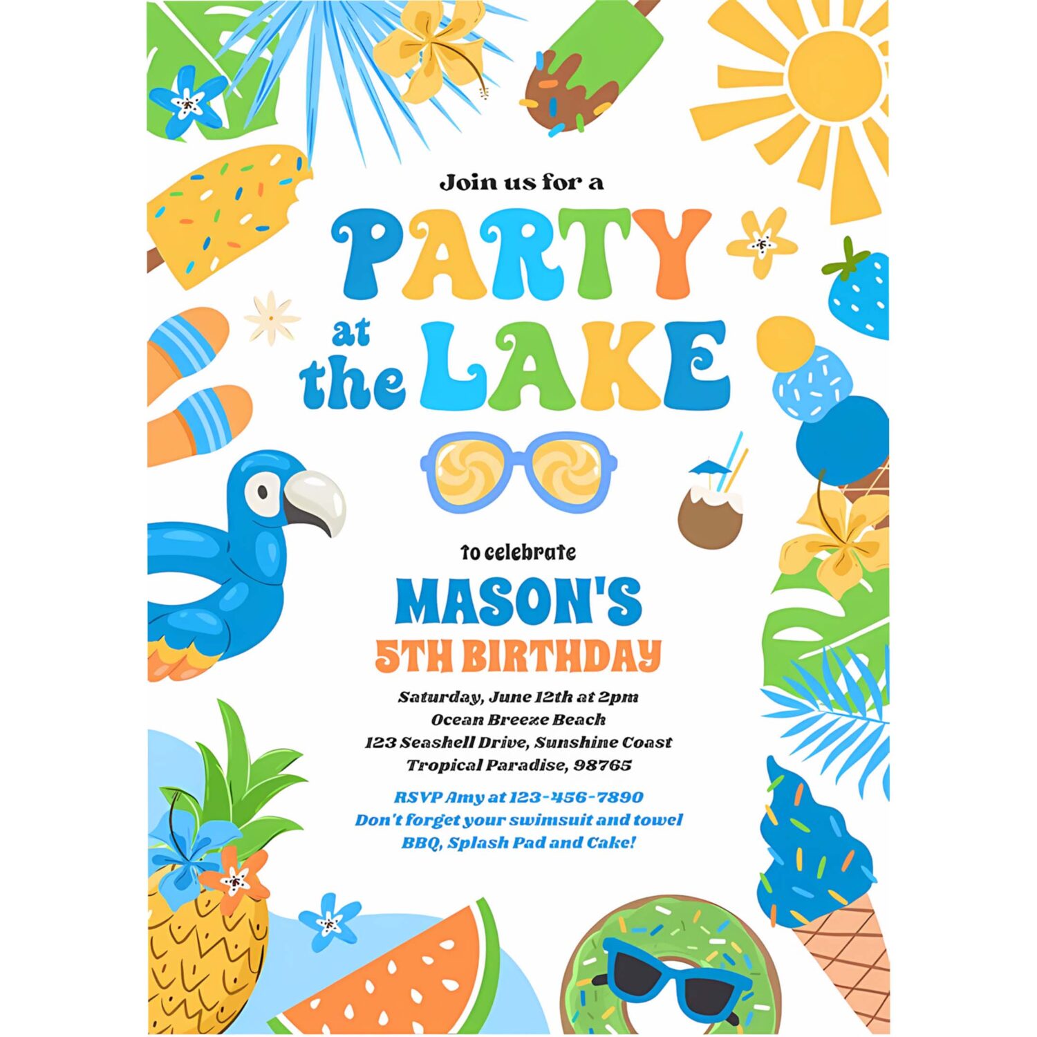 Party at the lake summer bbq birthday party invitation e74p 4