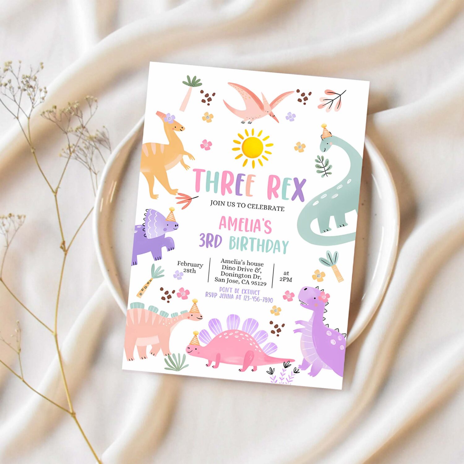 Pastel dinosaur birthday invitation three rex dino invite baby boy girl kids 3rd birthday party stomp chomp roar rawr editable template 1