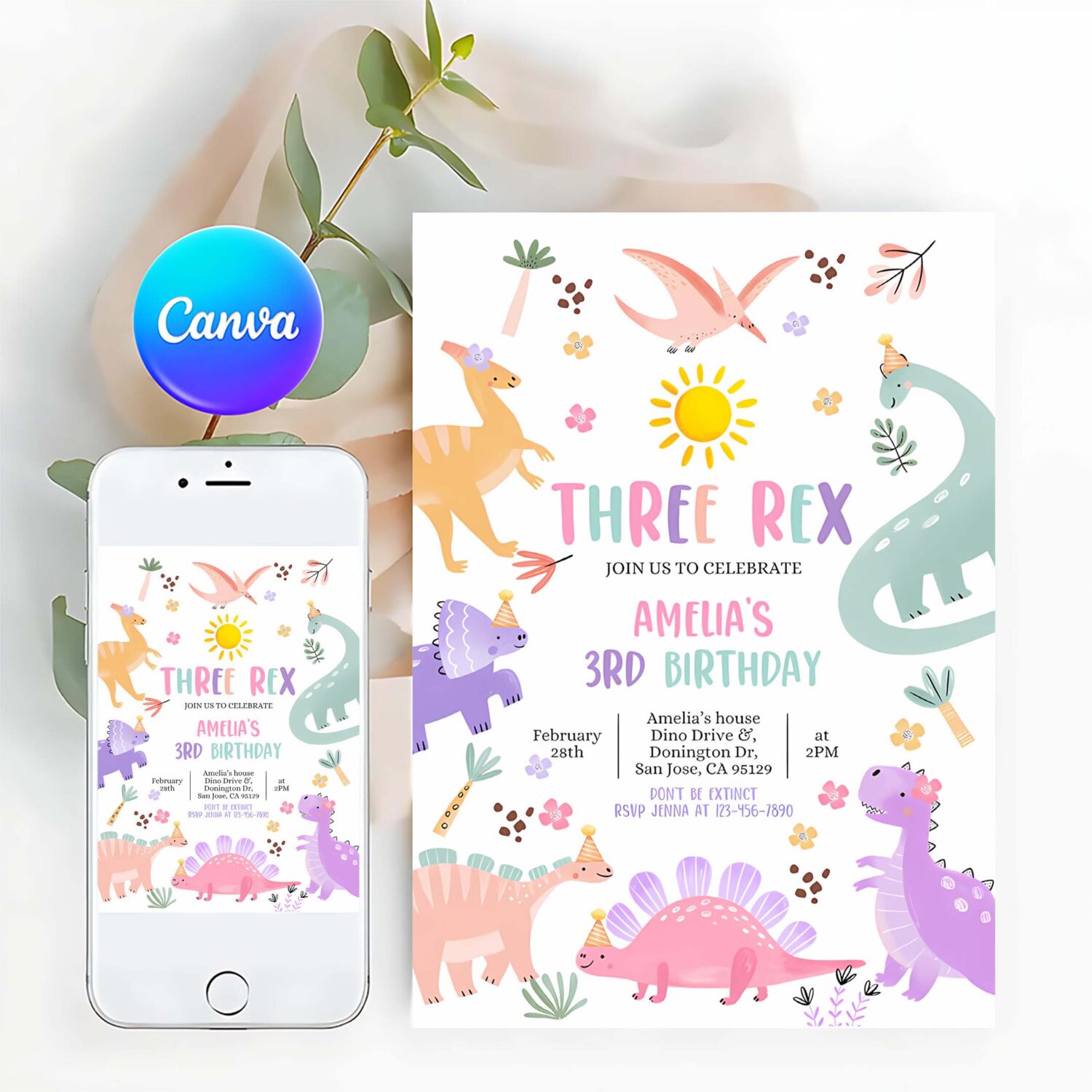 Pastel dinosaur birthday invitation three rex dino invite baby boy girl kids 3rd birthday party stomp chomp roar rawr editable template