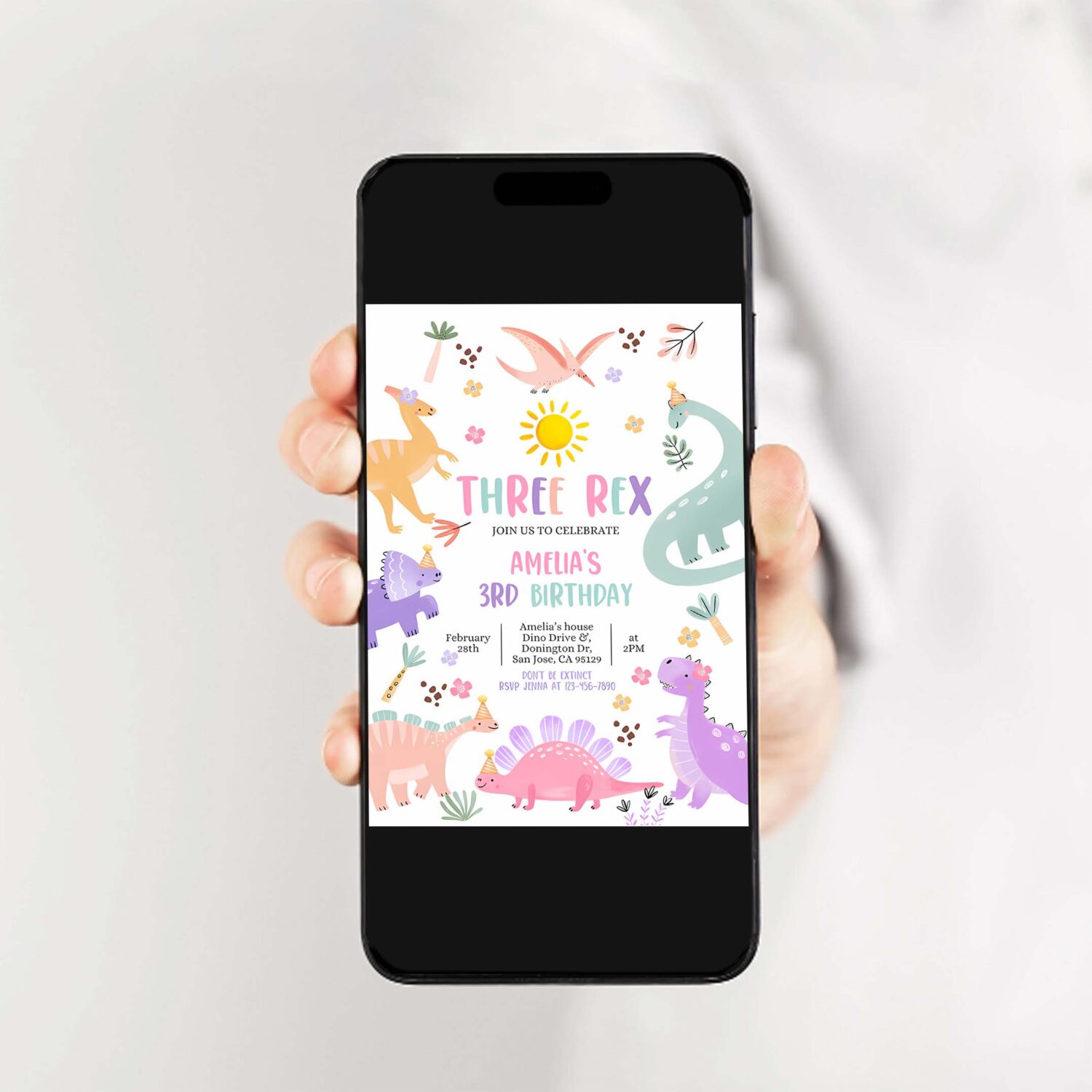 Pastel dinosaur birthday invitation three rex dino invite baby boy girl kids 3rd birthday party stomp chomp roar rawr editable template 2