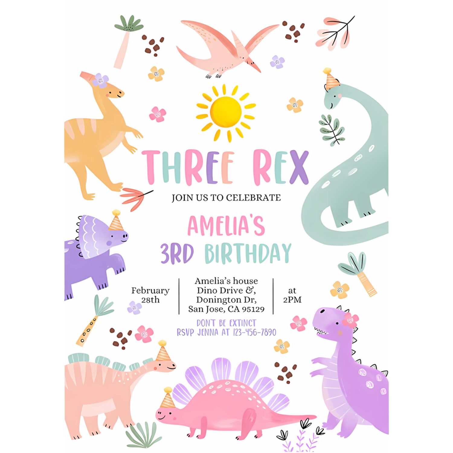 Pastel dinosaur birthday invitation three rex dino invite baby boy girl kids 3rd birthday party stomp chomp roar rawr editable template 4