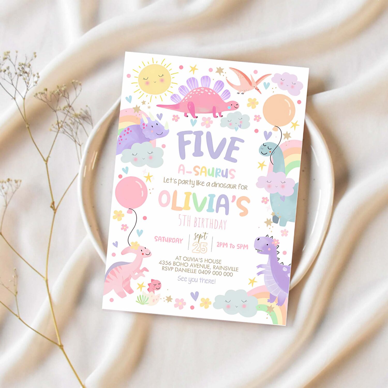 Pastel dinosaur invitation girl dinosaur five a saurus invitation 1