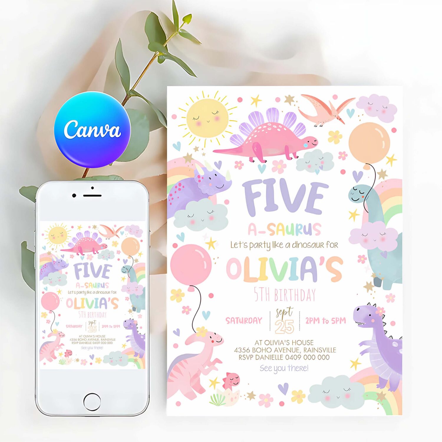Pastel dinosaur invitation girl dinosaur five a saurus invitation