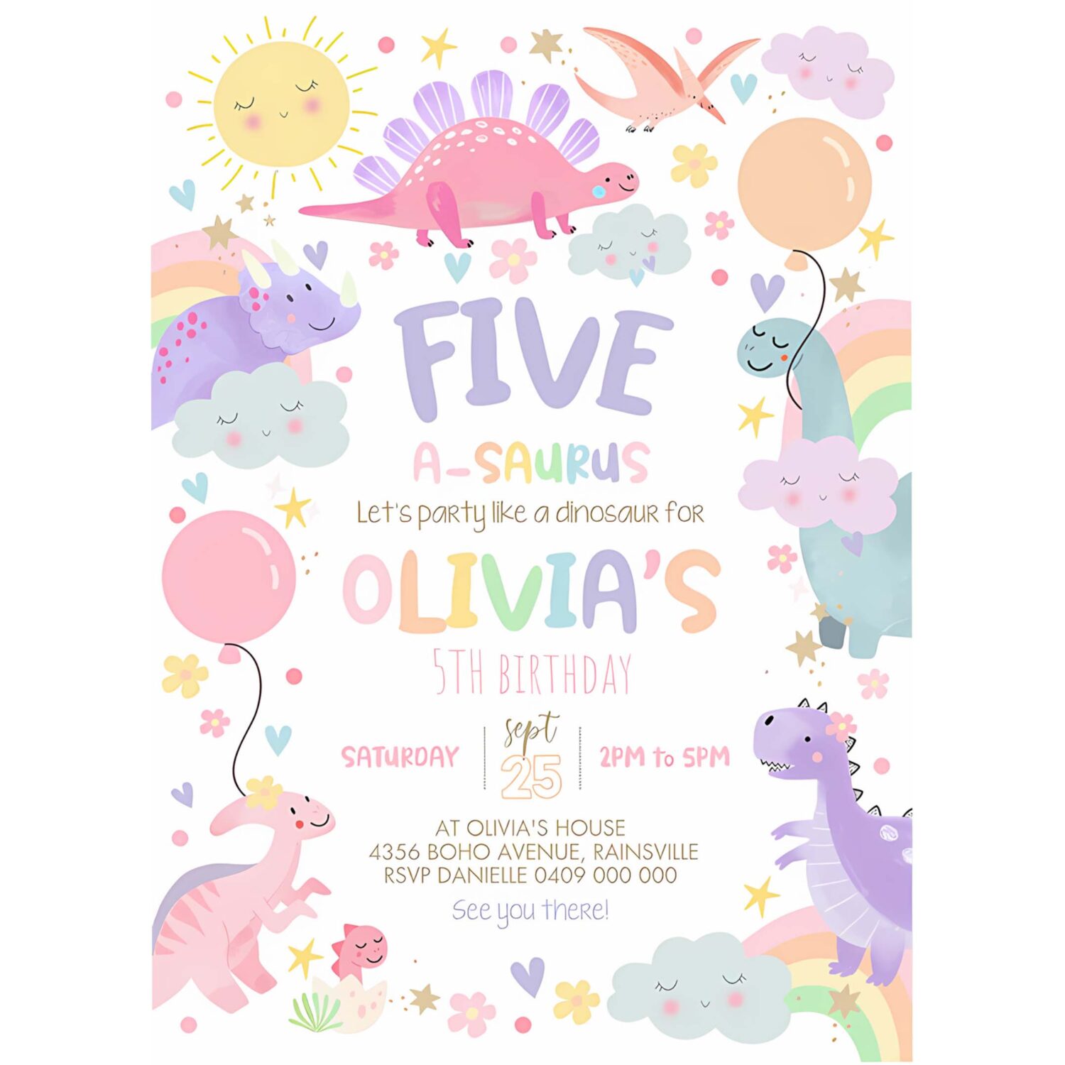 Pastel dinosaur invitation girl dinosaur five a saurus invitation 4