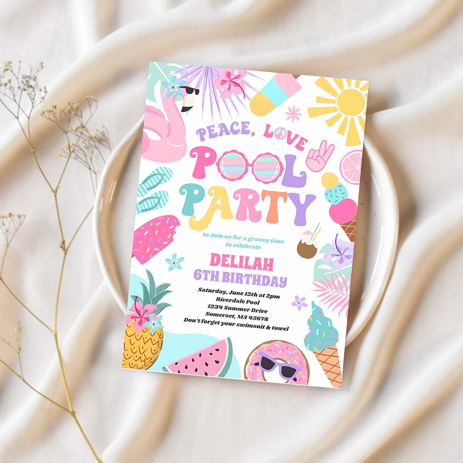 Peace love pool party groovy summer pool birthday invitation h77c 1