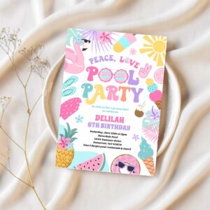 Peace love pool party groovy summer pool birthday invitation h77c 1