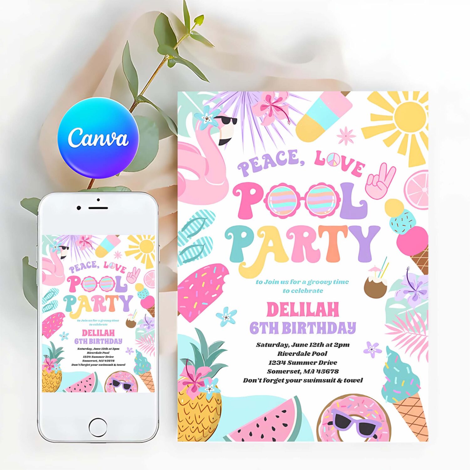 Peace love pool party groovy summer pool birthday invitation h77c
