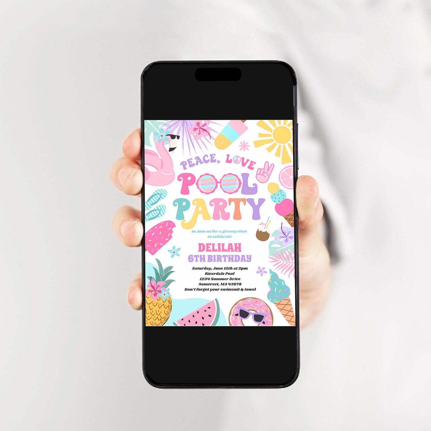 Peace love pool party groovy summer pool birthday invitation h77c 2