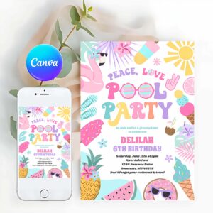 Groovy Invitation, Peace Love Pool Party Groovy Summer Pool Birthday Invitation