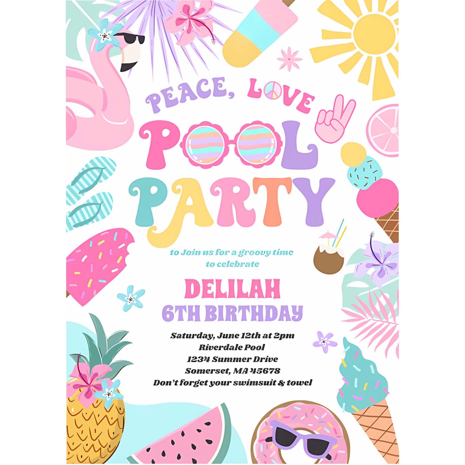 Peace love pool party groovy summer pool birthday invitation h77c 4