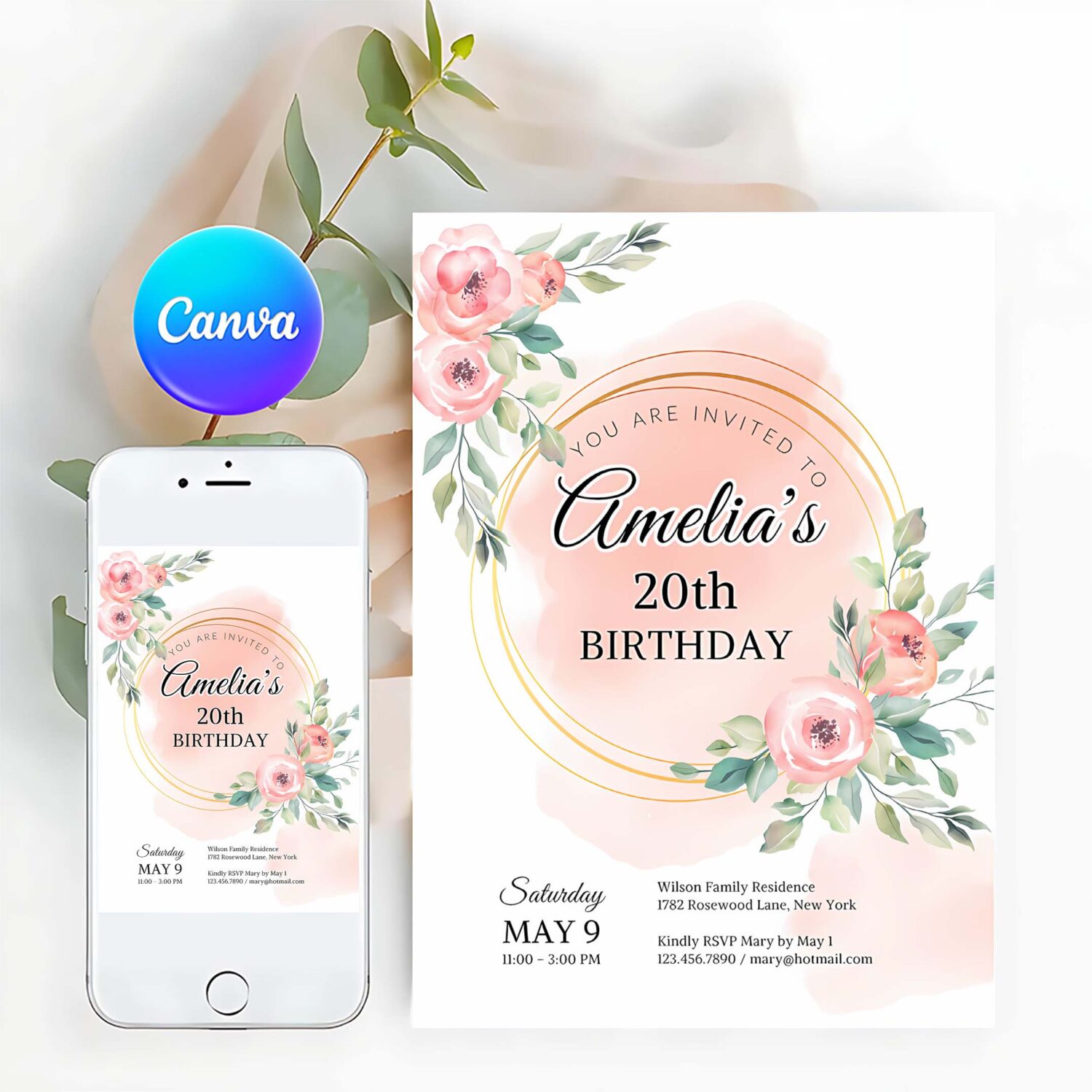 Peony flower invite birthday invitation pink flower birthday invitation