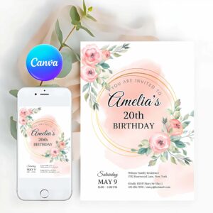 Peony Flower Invite Birthday Invitation, Pink Flower Birthday Invitation