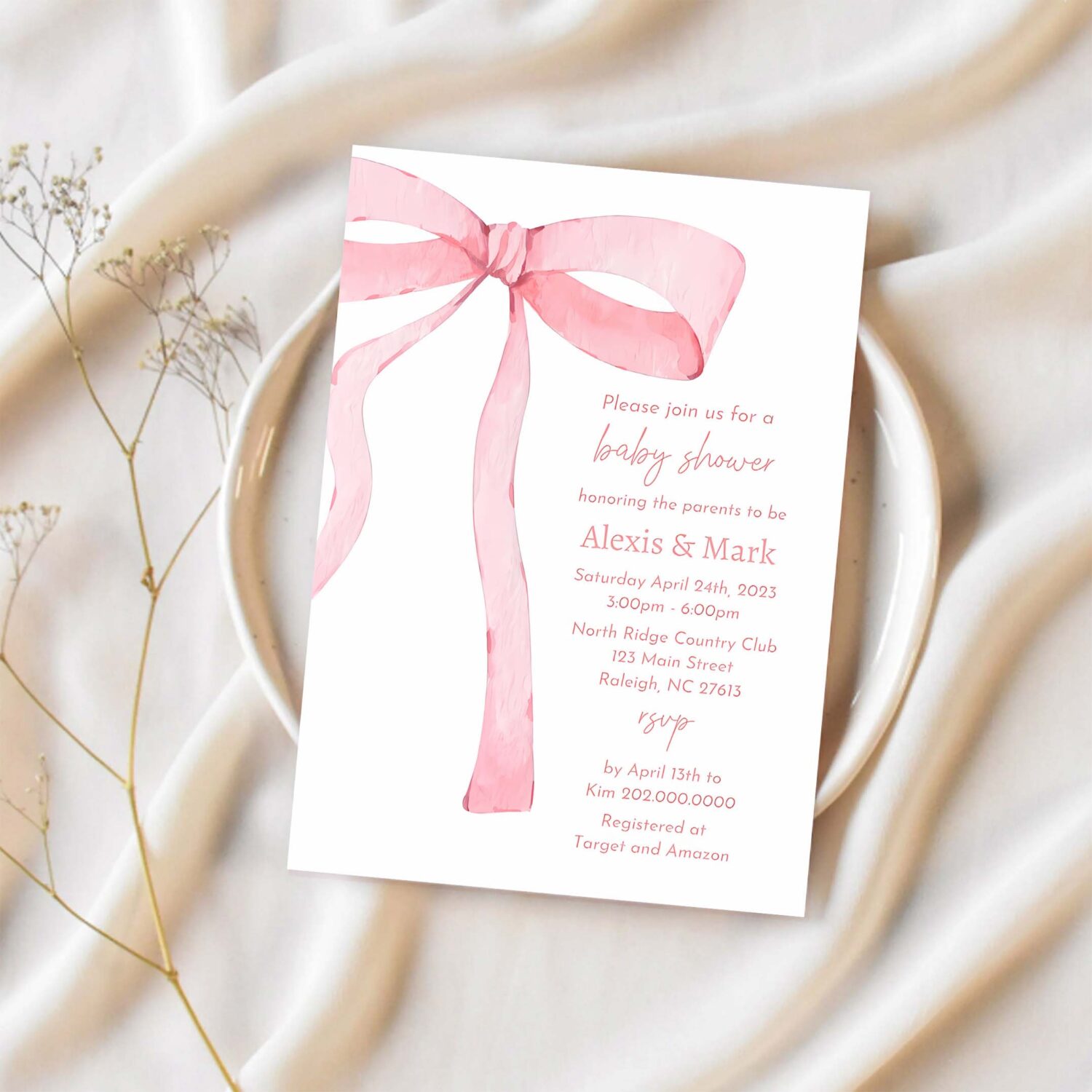 Pink bow invitation for baby shower minimalist baby shower pink watercolor ribbon blush pink 1st birthday 1
