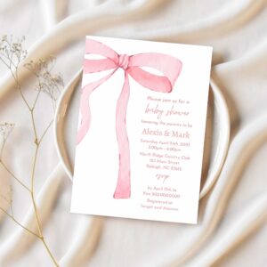 Pink bow invitation for baby shower minimalist baby shower pink watercolor ribbon blush pink 1st birthday 1