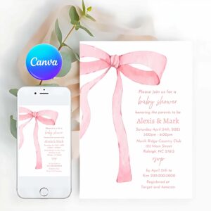 Baby Shower Invitation, Pink Bow Invitation, for Baby Shower, Minimalist Baby Shower Pink Watercolor Ribbon Blush Pink 1st Birthday