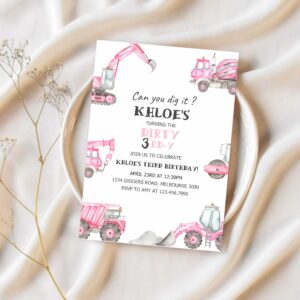 Pink construction dirty 3rd y birthday invitation girl construction trucks 3rd bday invite digger truck party 1
